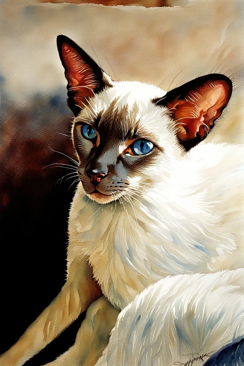 Steve Hanks watercolor,Siamese cat, blue eyes,chocolate point color, Syphnx cat