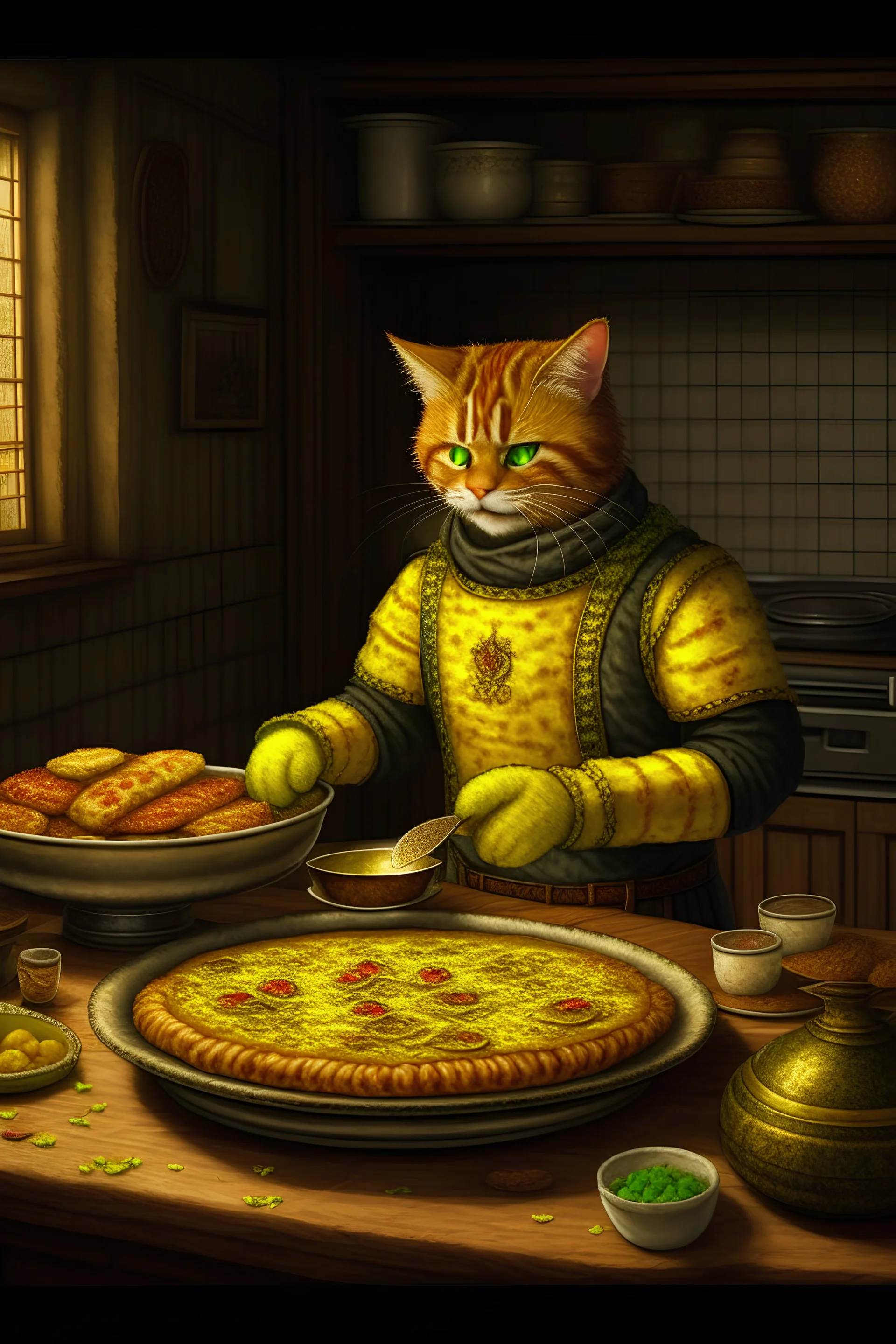 Garfield making lasagna, gothic painting style, resident evil death stranding