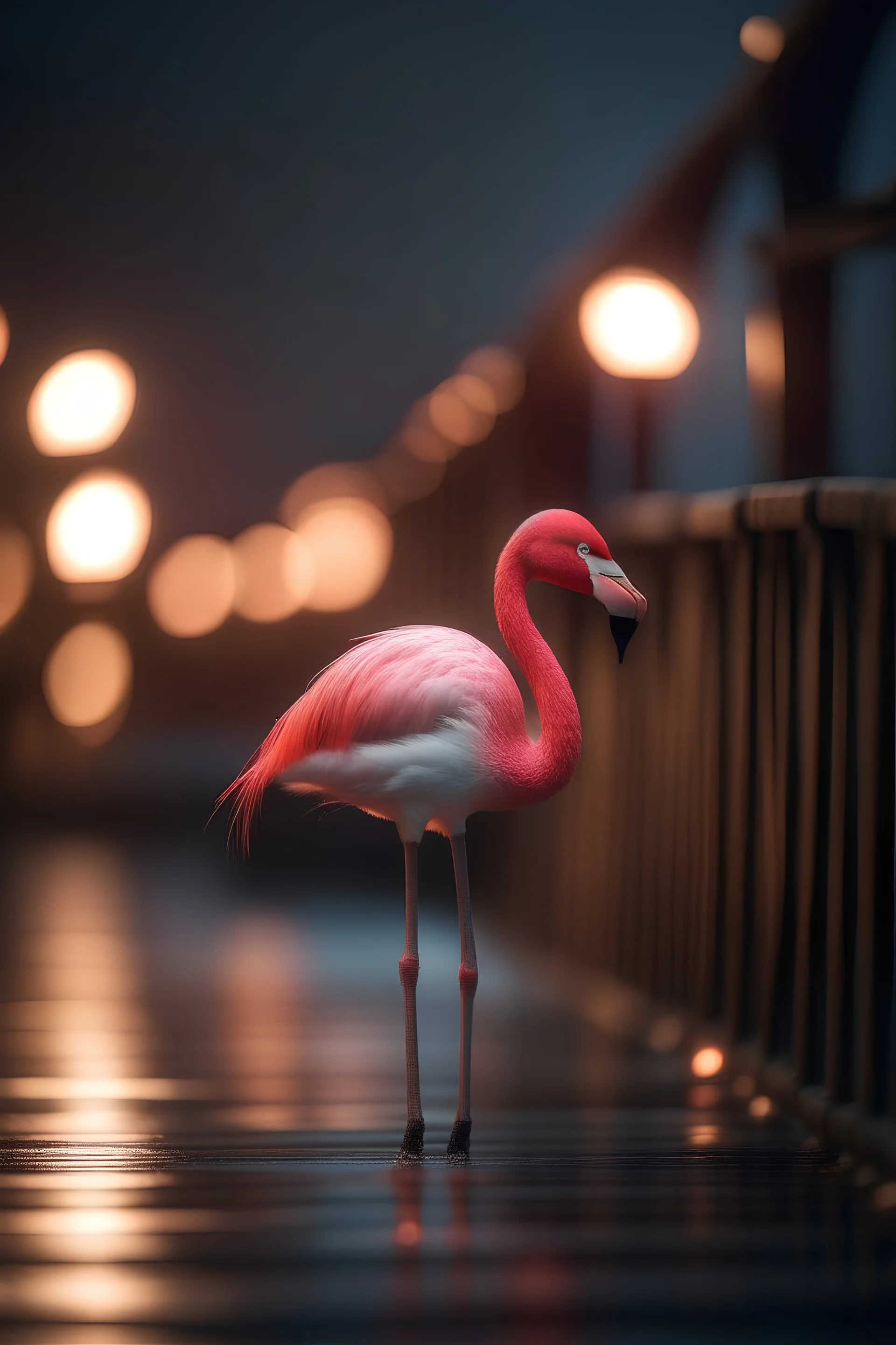 portrait of the flamingo on bridge over waves ,shot on Hasselblad h6d-400c, zeiss prime lens, bokeh like f/0.8, tilt-shift lens 8k, high detail, smooth render, down-light, unreal engine, prize winning