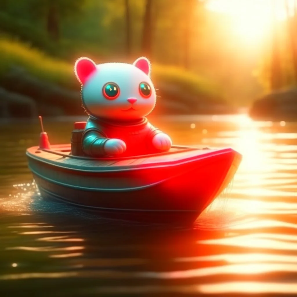 cute blessed chat robot speeding in a fishlike boat in the river,catching a big fish in a river stream, 8k, downlight, soft light, depth of field, photorealism, trending on art station, lotsa detail