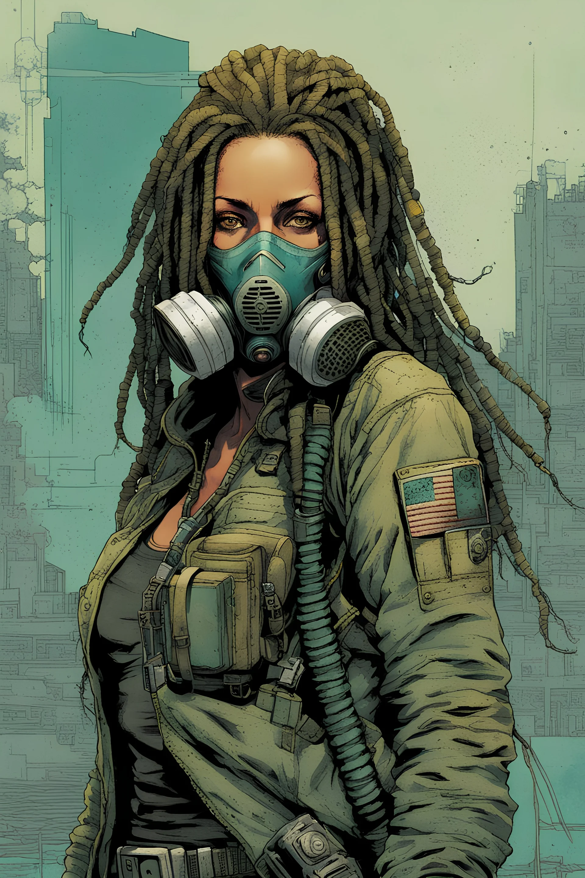 front facing full length portrait illustration of a grunge armored female with beaded dreadlock hair cyberpunk vampire interstellar mercenary with gas mask, telecommunications headset, and shemagh, highly detailed with gritty post apocalyptic textures, toxic irradiated landscape, finely detailed facial features and hair, in the graphic novel style of Bill Sienkiewicz, and Jean Giraud Moebius, ink wash and watercolor with realistic light and shadow