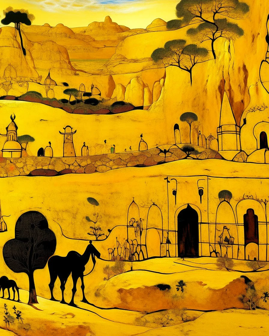 A yellow desert with an Egyptian fortress designed in Lascaux cave paintings painted by Gustav Klimt