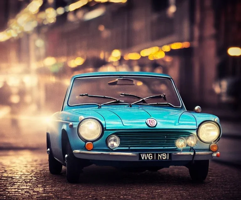 fiat 125p, city. high speed. bokeh. lens flare. warm lights. high detailed. oil on canvas