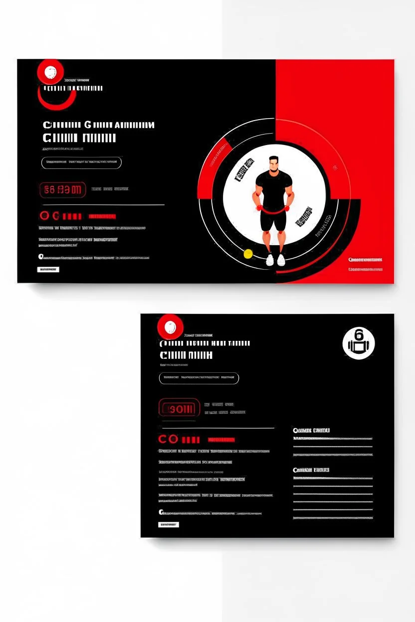 business card layout for a gym instructor, red and black, vector art with gym mechines, white background with email, address, phone number and Instagram icons