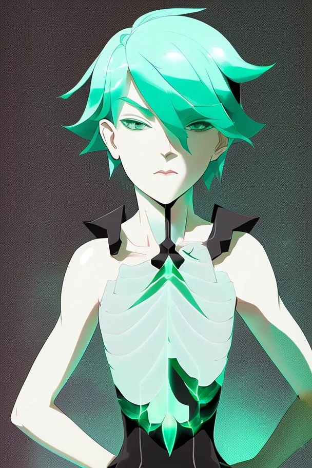 Phosphophyllite Houseki no Kuni on a black background stands with his back but turns to face the screen