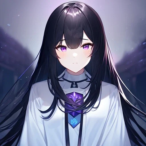 Clear focus,High resolution, Black long fluffy hair, long bangs, and purple eyes, Depressed girl