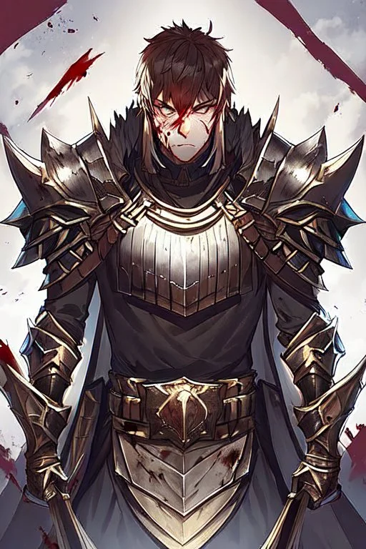 Armored male Knight by webtoon style there are lightning and blood spurts around the man his face pointed at the camera and with a serious look he lets his opponent know that it's his turn