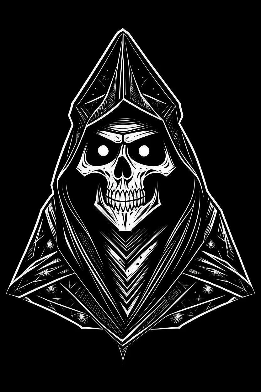 hanna-barbera skeleton in a black hooded cloak drawn in a retro mascot style, inside a light diamond shape on a black background, monochromatic