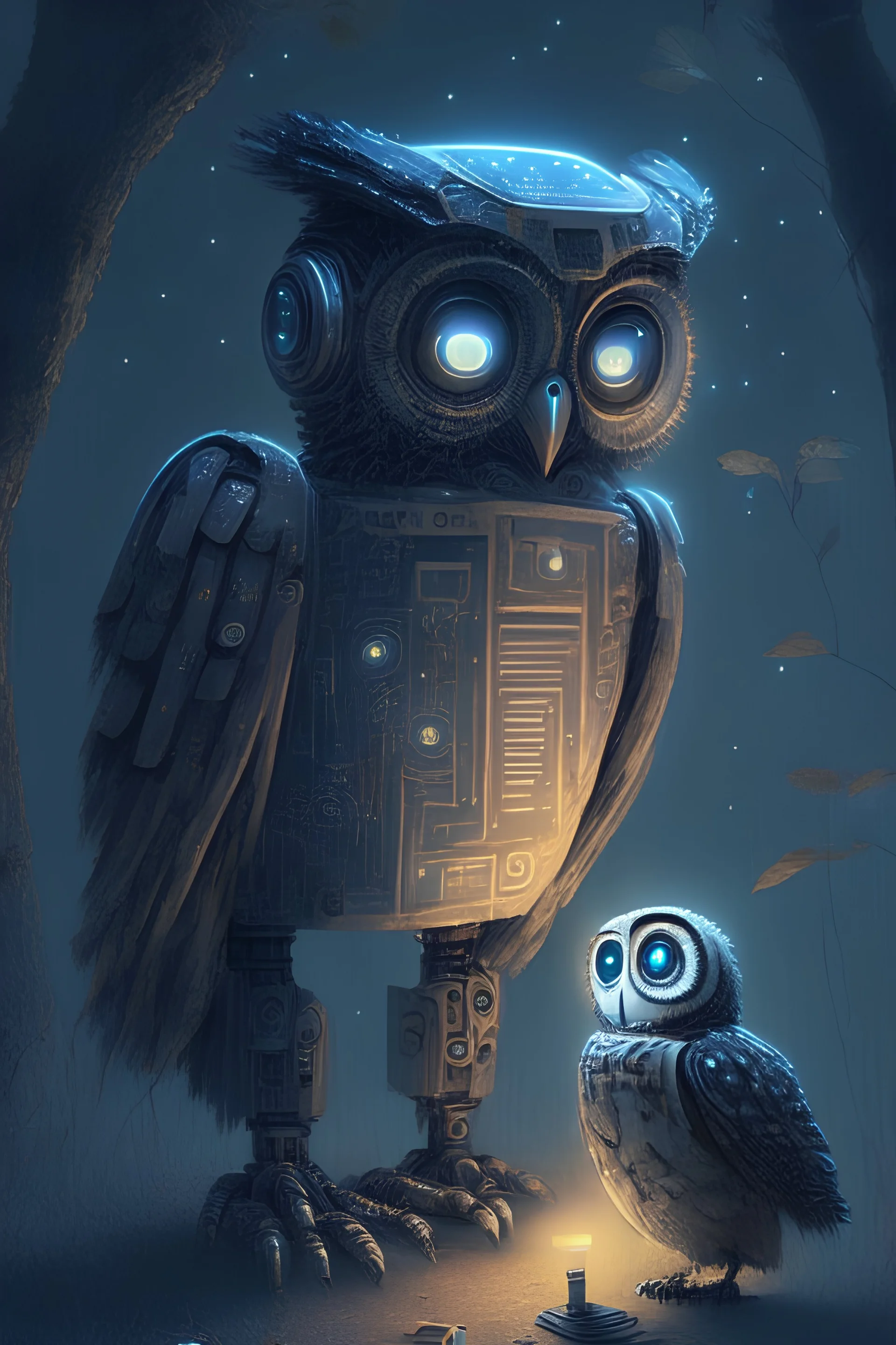 I want a robot and a Nightowl and artificial intelligence combined in one image.