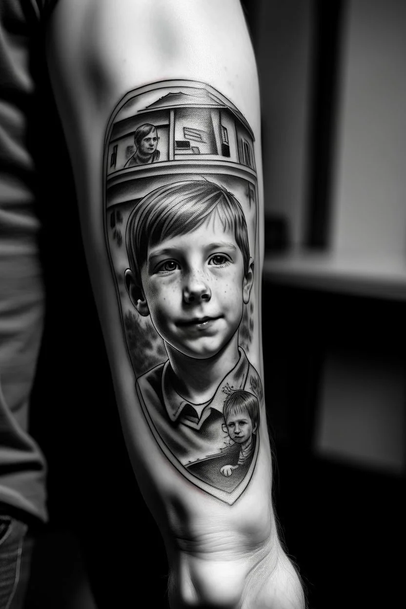 A black and white tattoo of three sons, aged 12, 8 & 5 in a house