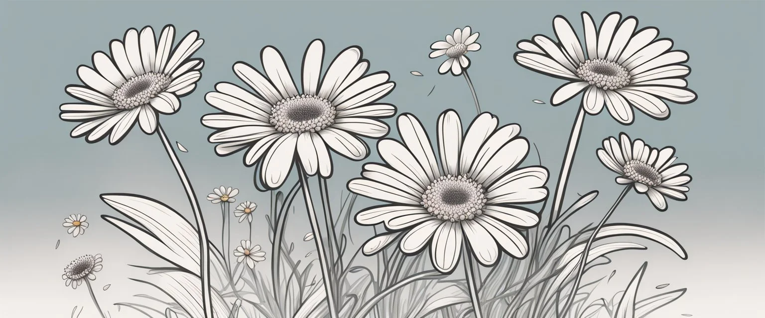 linework daisies, flowing in the wind, spring, simplified