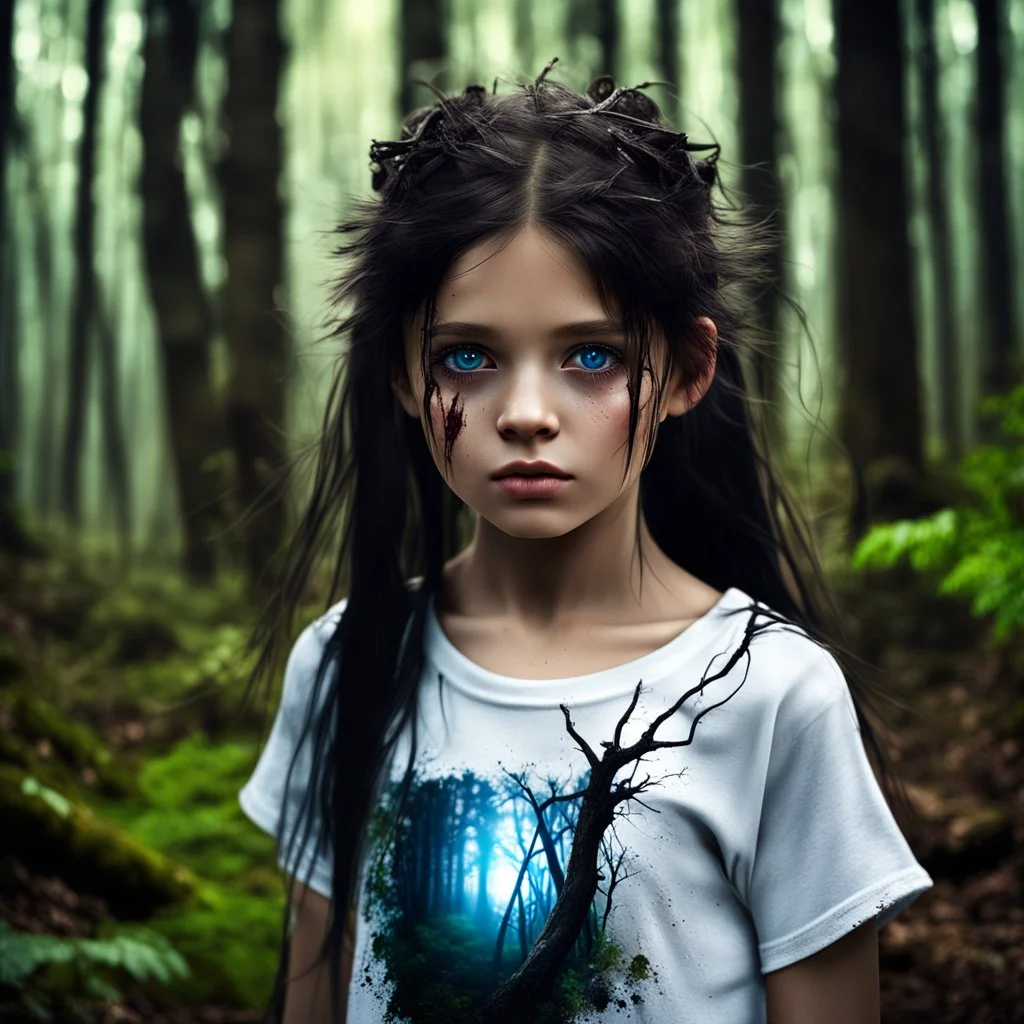 12 year old girl with dark tangled hair and blue eyes wearing a ripped and dirty white teeshirt, in a forest , photorealistic, dark fantasy