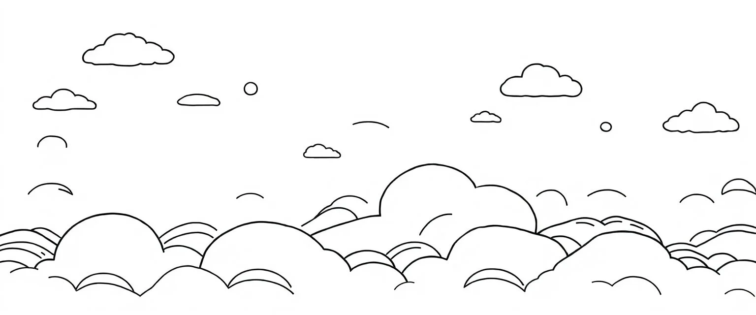 a series spaced curved and looping horizontal lines with paths inspired by clouds, cloud topography, whimsical cute, kawaii, black lines on white, vector lines