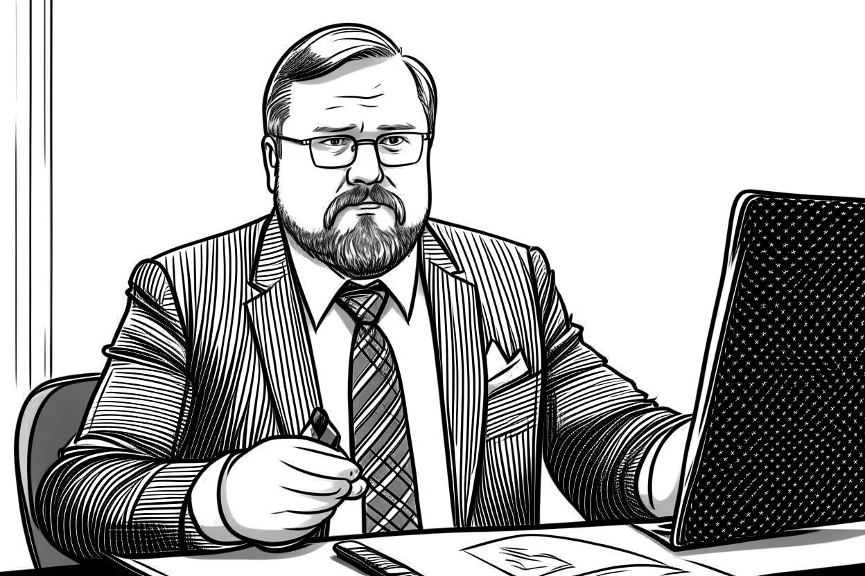 big russian man sitting at desk, portrait, speech, TV address, nametag, glasses, neck beard, bristly hair, mustache, shirt and suit-jacket; caricature style, black and white; pencil sketch