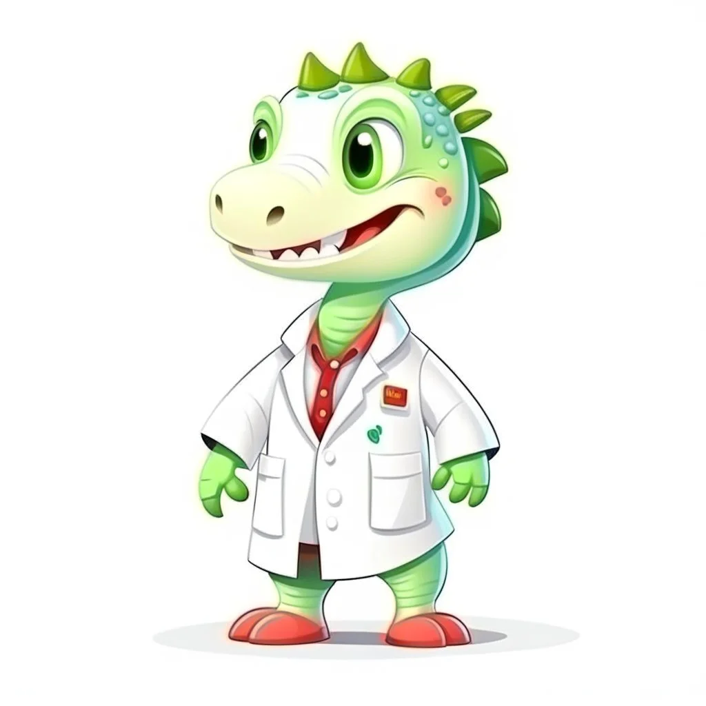 Cartoon illustration for children: Female Doctosaurus in a white doctor's coat, white background