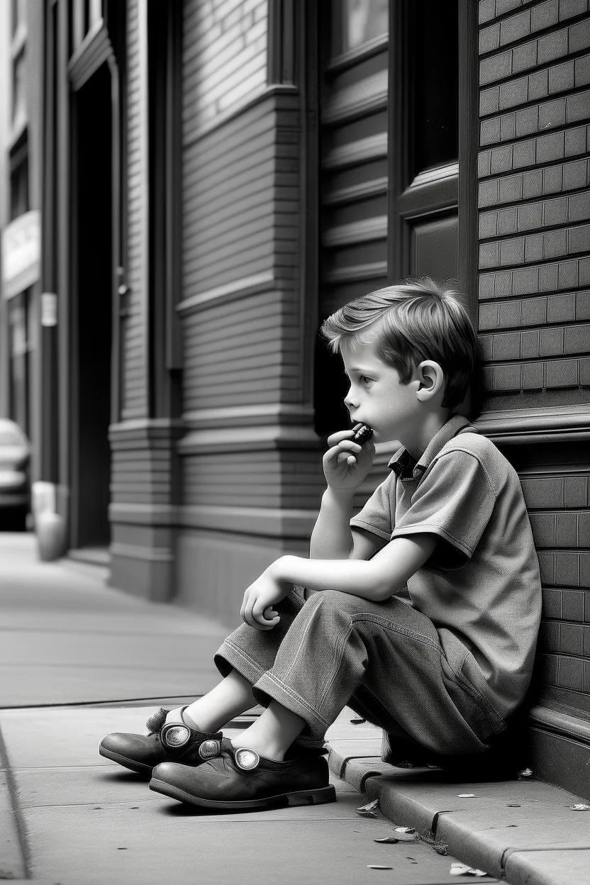 A boy sitting on the sidewalk, smoking a cigarette and wearing sandals