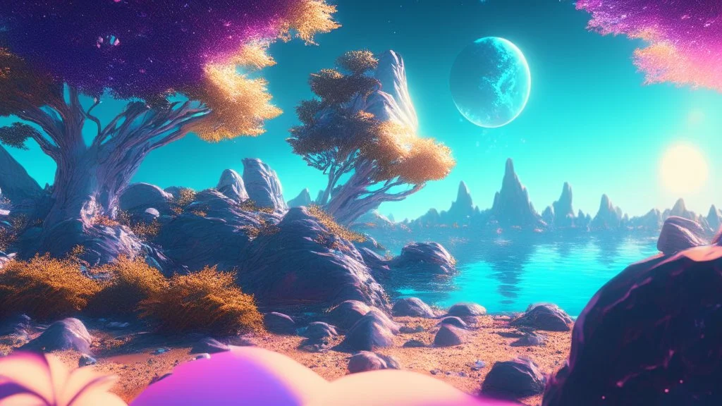 crystal cosmic and galactic ambiance hill sky sea ocean space galaxy rocks sunny trees pools surreal, full of details, smooth, bright sunshine，soft light atmosphere, light effect，vaporwave colorful, concept art, smooth, extremely sharp detail, finely tuned detail, ultra high definition, 8 k, unreal engine 5, ultra sharp focus