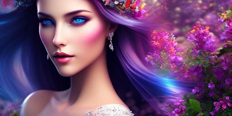 bright fairy, beautiful portrait, flowery landscape