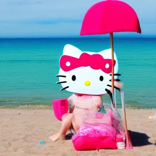 Hello kitty at the beach with goodbye