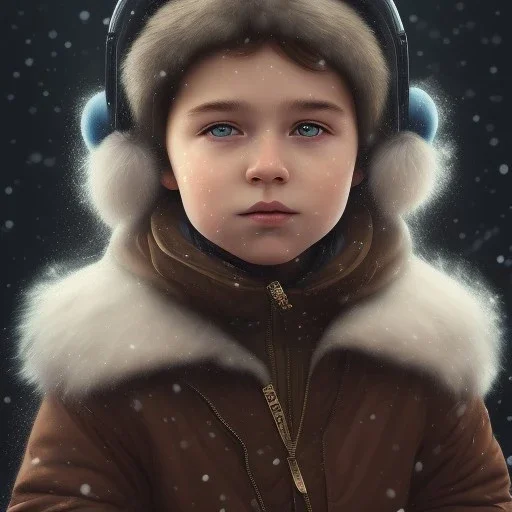 Portrait of boy child with brown hair and with cute face, north pole snowy vibe , perfect composition, hyperrealistic, super detailed, 8k, high quality, trending art, trending on artstation, sharp focus, studio photo, intricate details, highly detailed, by greg rutkowski