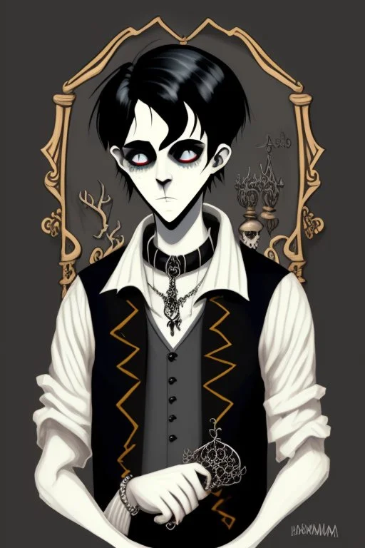 black haired young man necromancer wizard with gothic jewelry in the style of charles addams