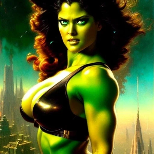 portrait 'beautiful Sexy Busty She-Hulk',crystal clear green eyes,painting by gaston bussiere, greg rutkowski, yoji shinkawa, yoshitaka amano, tsutomu nihei, donato giancola, tim hildebrandt, oil on canvas, cinematic composition, extreme detail,fit full head inside picture,32k