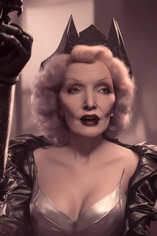 young Marlene Dietrich as evil queen in black leather gown, angry, busty, curvey, cleavage, unreal 5, octane render,cinema4d, dynamic lighting, dramatic lighting, 4k, redshift render, highly detailed, hyper realistic