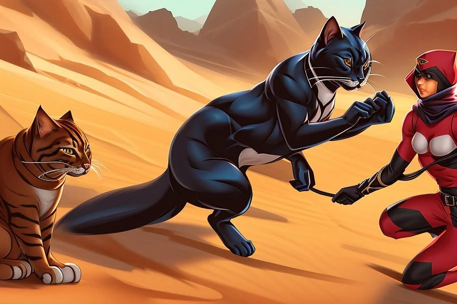 antropomorphic ninja cat fighting with a sheik in the desert in sunshine