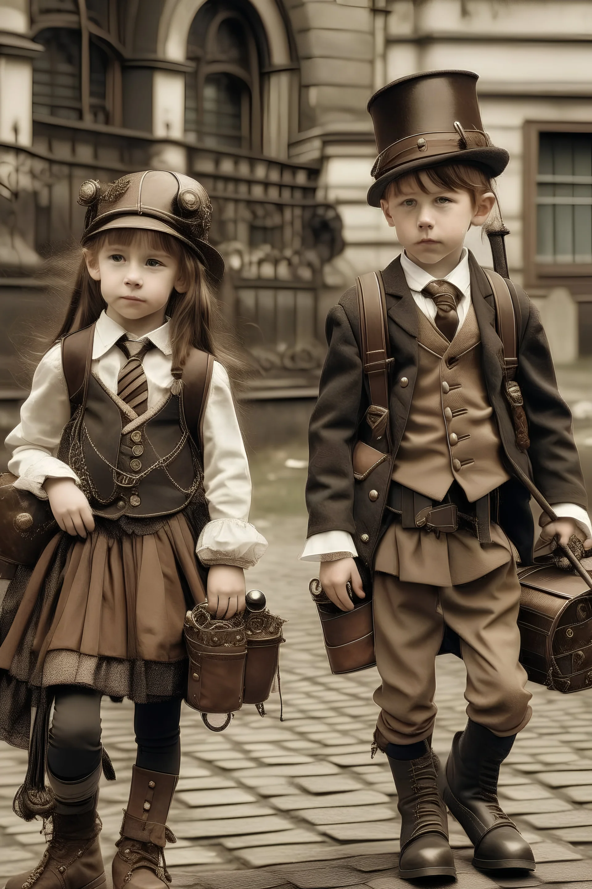 steampunk children going to school