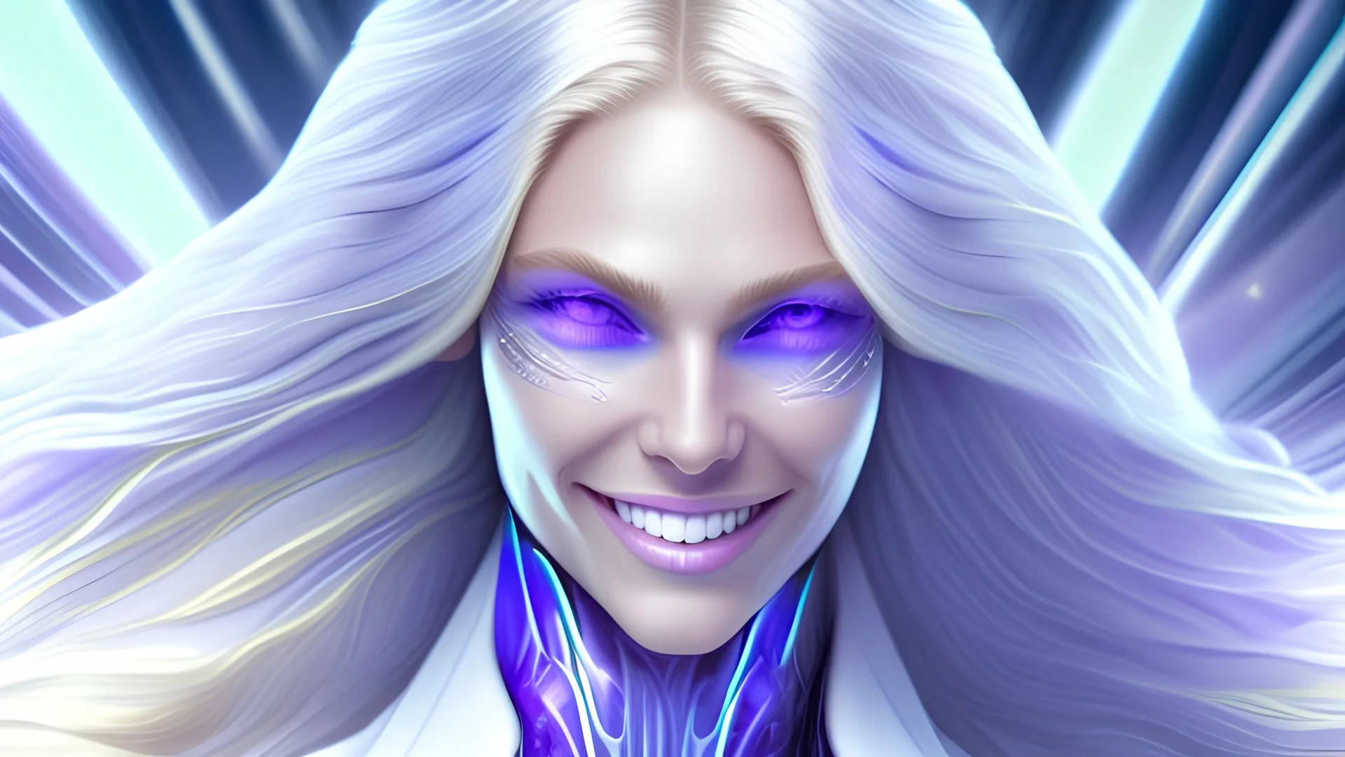 Femme galactique magnifique, yeux bleux, long cheveux blonds, commandante, souriante, en combinaison blanche lumière détails violets et bleus, futuriste