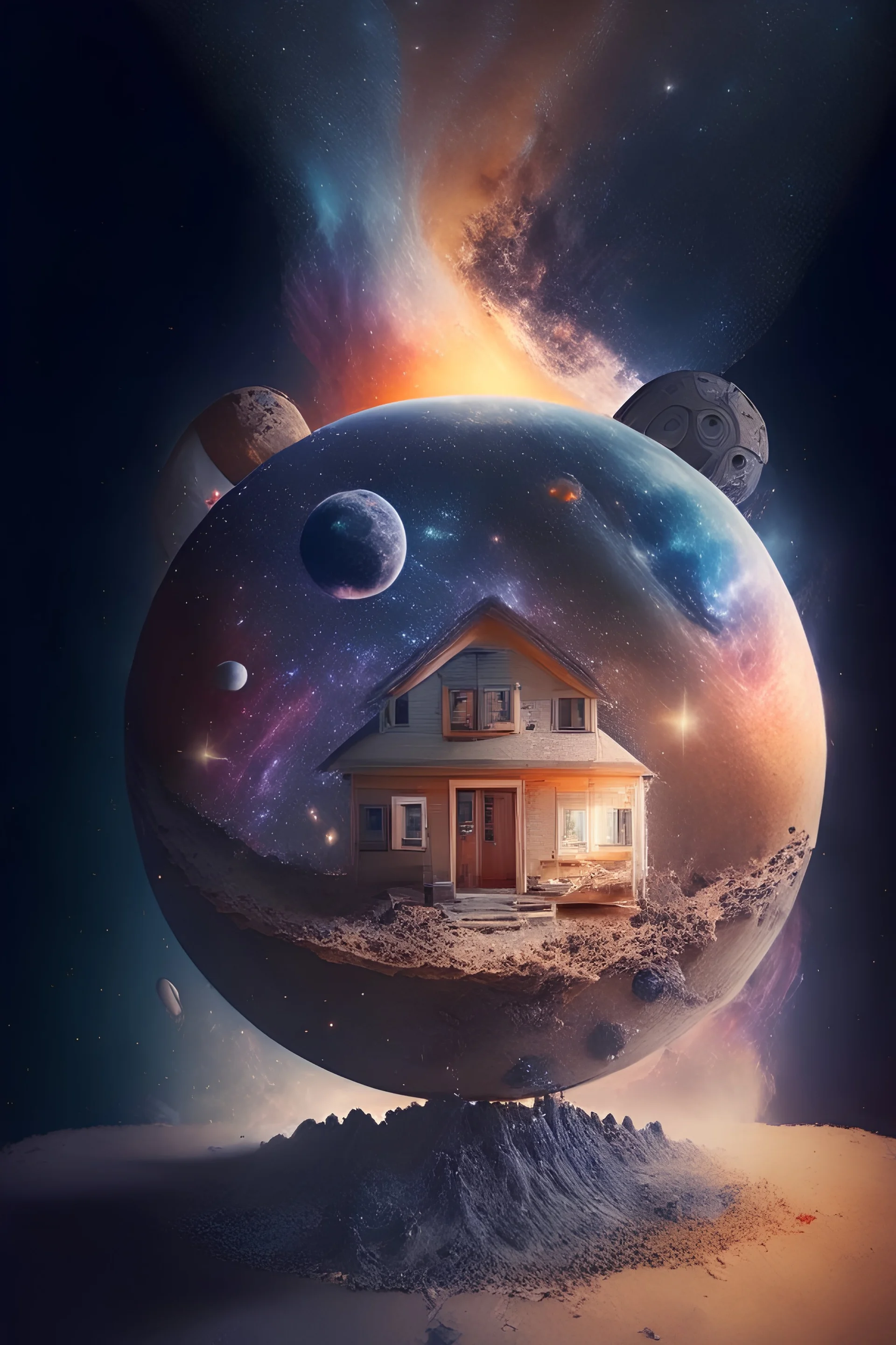 A house in the center of the universe surrounded by different planets and stars and dust. Hyper real, 4k