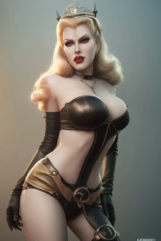 Lana Turner as evil queen in black leather, leather, busty, cleavage, angry, stern look. character design by cory loftis, fenghua zhong, ryohei hase, ismail inceoglu and ruan jia. unreal engine 5, artistic lighting, highly detailed, photorealistic, fantasy