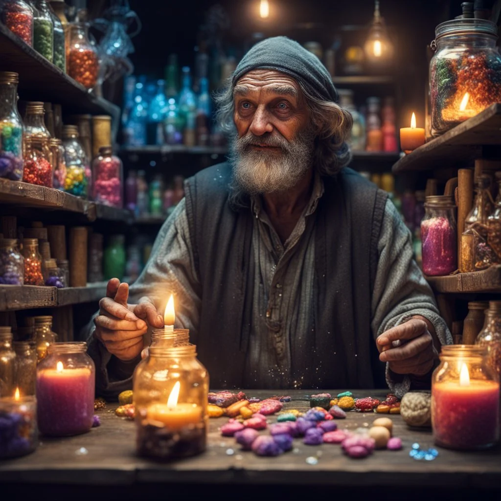 friendly poor homless shopkeeper offer you a magical potion, magic shop, magical treats and candy in jars, magical books and wands everywhere very dark room, candle light, bright vibrant colors, glowing sparkle particles, dark tone, sharp focus, high contrast, 8k resolution, incredible depth, shallow depth of field, dramatic lighting, beautifully intricate details, clean environment, epic dynamic scene