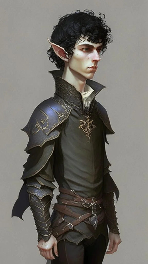 boy elf,he has curly, black hair and sharp cheekbones. His eyes are black. He wears fantasy medieval clothes. he is lean and tall, with pale skin, full body with boots, side view full body side profile