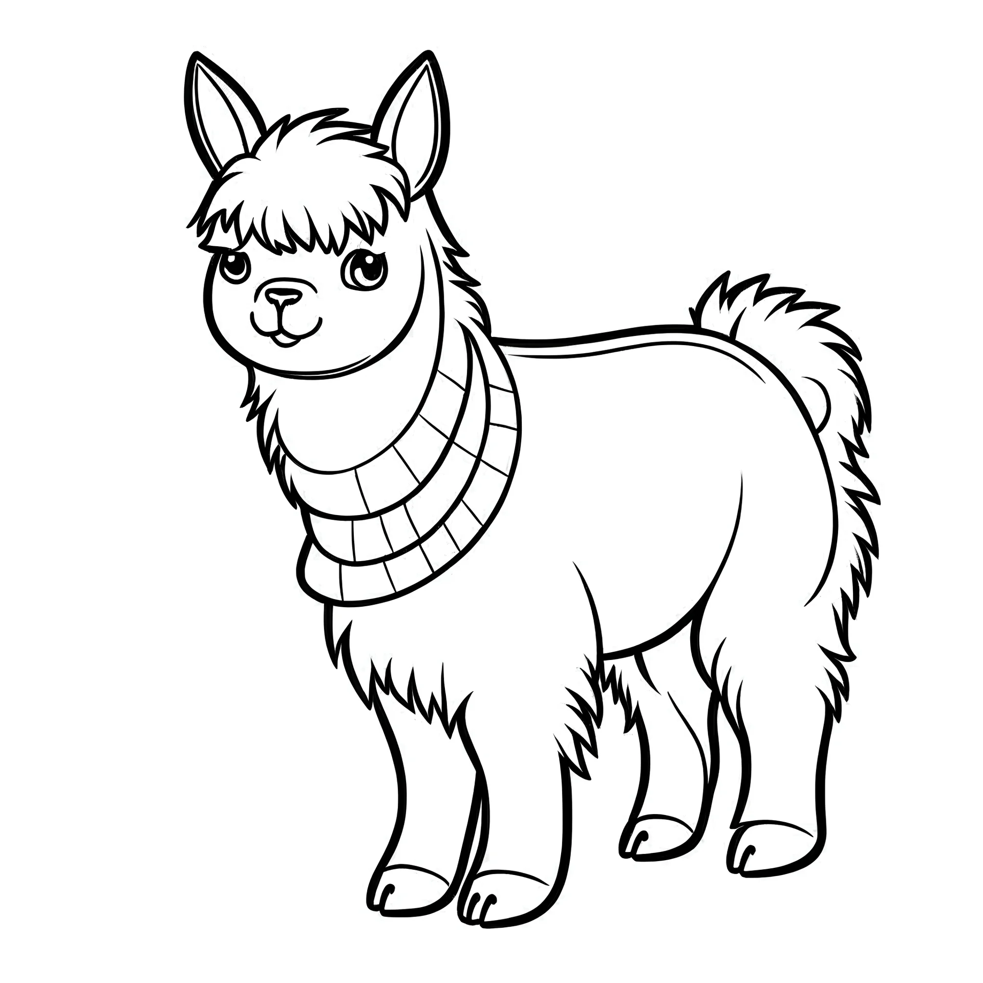 coloring page for kids, simple alpaca with black and bold lines