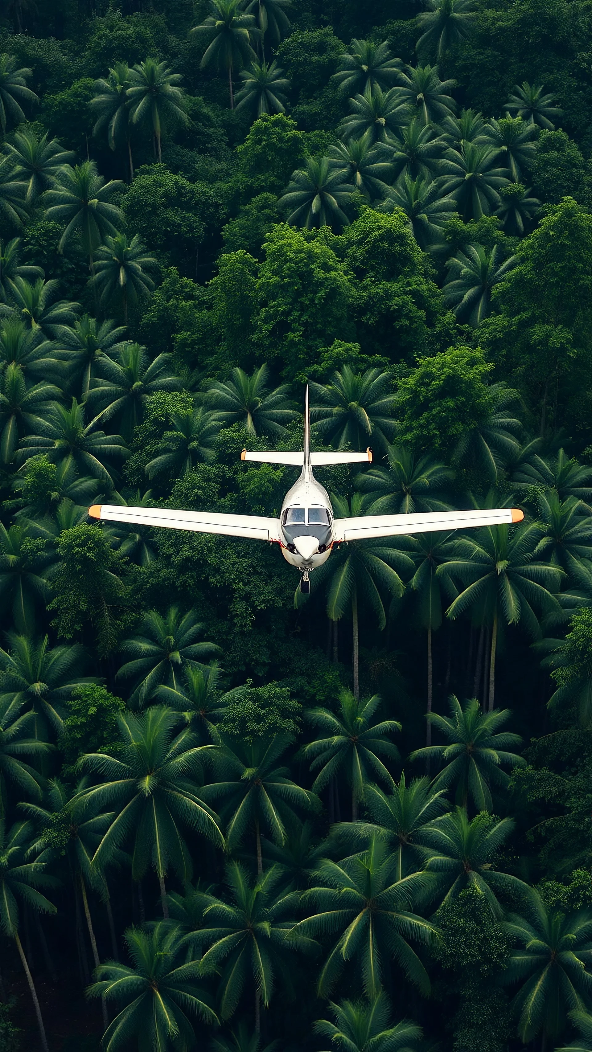 Small plane hovering above a jungle with big trees