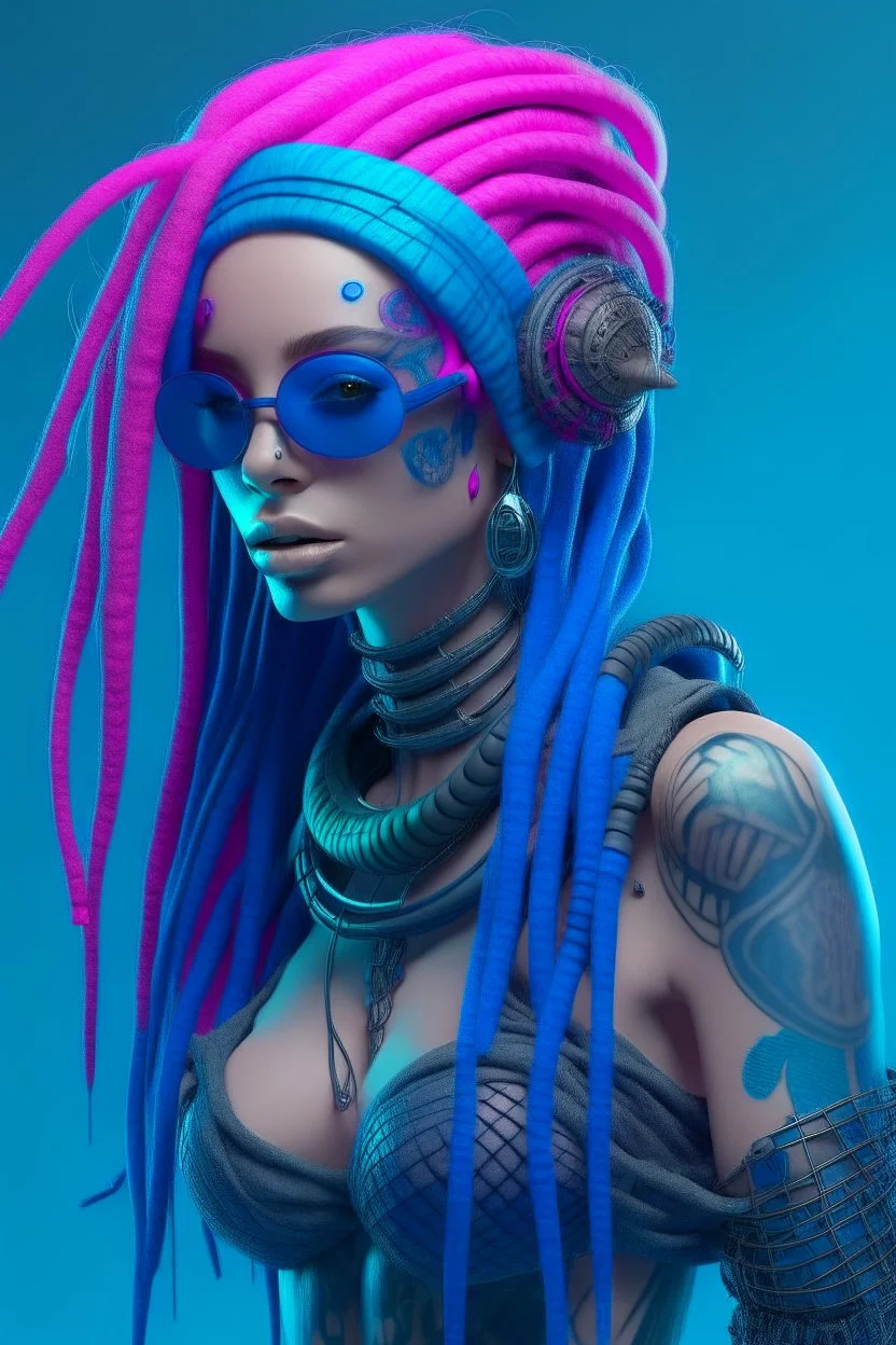 entire body mermaid cyberpunk some fish scales on face pink and indigo hair dreadlock sunglasses