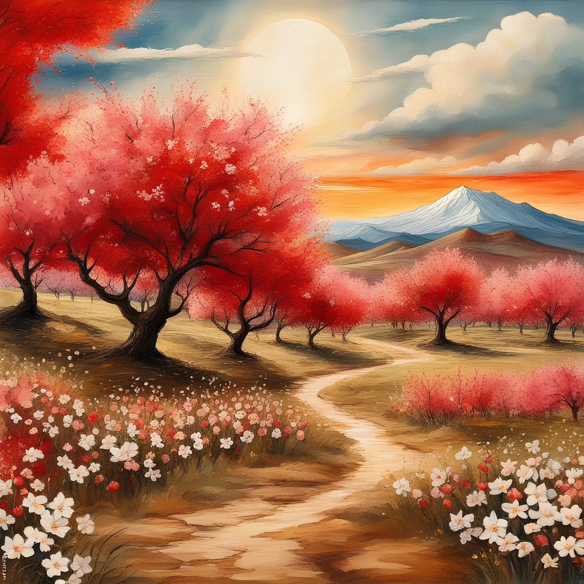 cinematic 16k resolution masterpiece illustration painting consisting of oil, watercolors and ink :: orchard of blooming red peach trees romantic naturalism landscape :: conveys terror and horror :: detailed background mountains white cerastiums flowers creek :: frisco watercolors and oil sky multi-colored bright large sun cloudscape :: vibrant rustic red and white palette :: intricate motifs perfect composition insanely-detailed extreme-detailed hyper-detailed volumetric deep rich colors volume