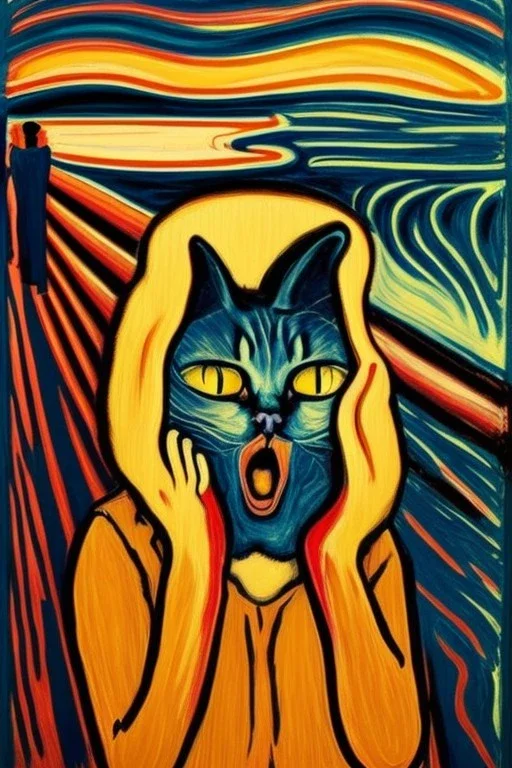 Cat holding her head with her hands. The scream Edvard Munch. Painting style of Edvard Munch