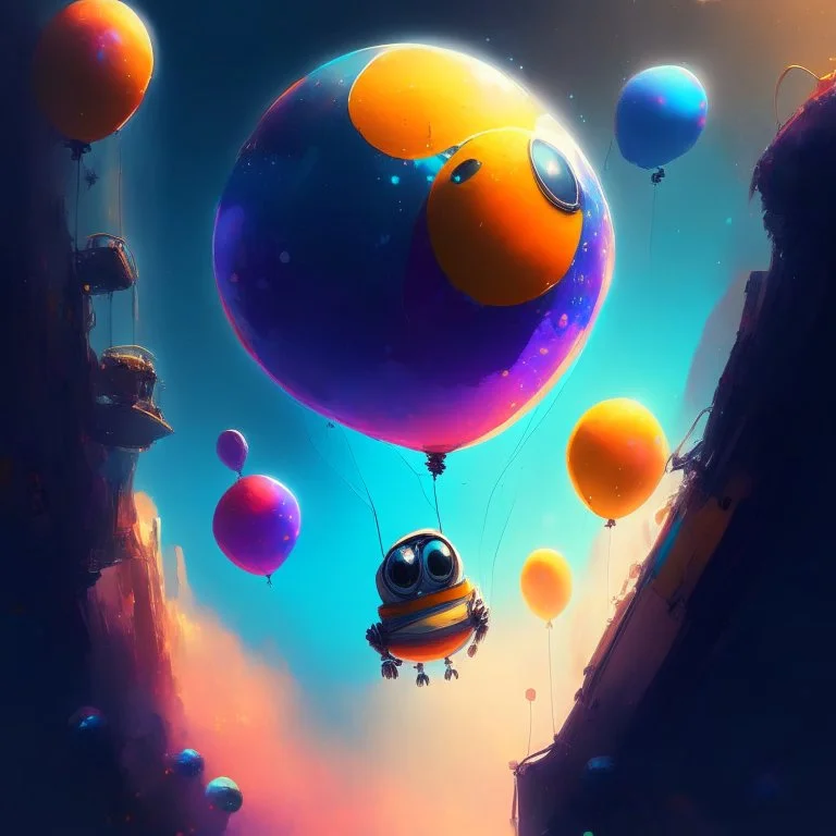 Wall-E, digital art, anime, 4k, full details, high resolution, colorful, alone,space balloons, cinematic