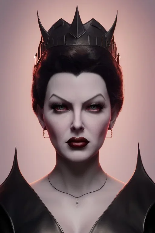 Lana Turner as evil queen in black leather, leather, busty, cleavage, angry, stern look. character design by cory loftis, fenghua zhong, ryohei hase, ismail inceoglu and ruan jia. unreal engine 5, artistic lighting, highly detailed, photorealistic, fantasy