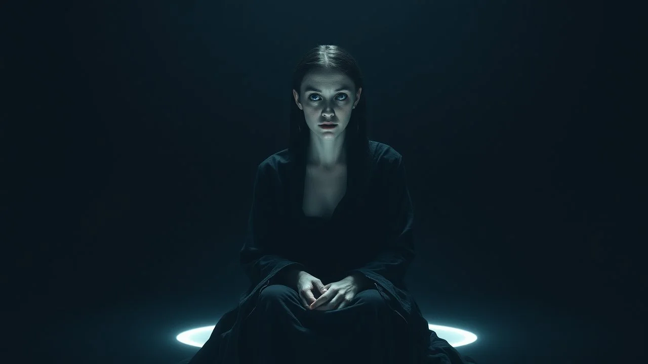 A solitary woman sitting alone in an endless void of darkness, pale skin, large hollow dark eyes with deep shadows underneath, wearing tattered black robes, empty expression, staring into nothingness. Only a faint circle of dim light surrounds her. Absolute loneliness, emotional emptiness, existential despair, abandonment, silence, vast darkness consuming everything beyond the light. No other people, no faces, no eyes, no creatures, no silhouettes, no figures in the darkness, pain, alone