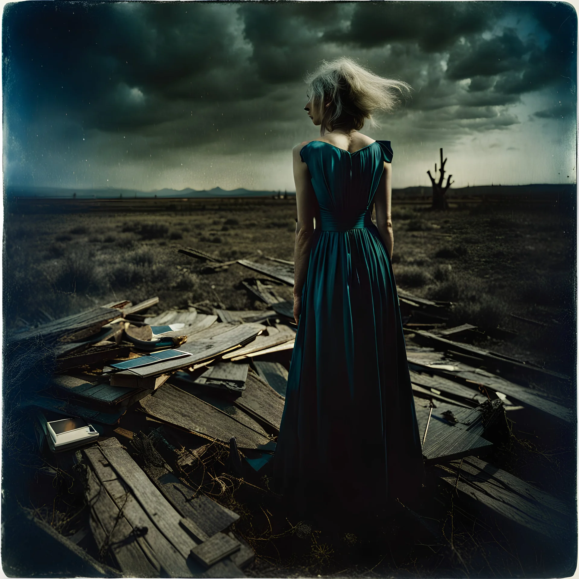 Photorealistic polaroid nothingness and distressing anguish old wooden wasteland night Max Ernst, shot on Hasselblad, movie shot, details of the dress accentuated, nightmare, hypermaximalist, obsessive, hypnotic