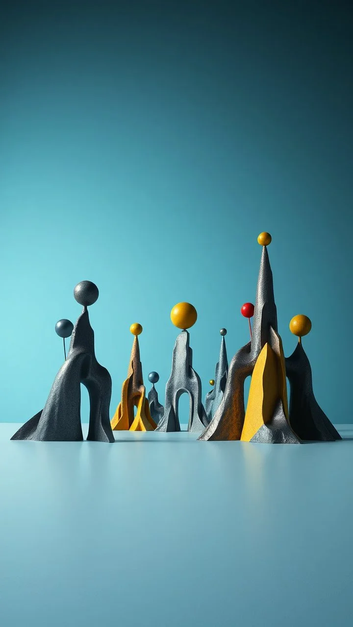Fotografia di una superficie piatta di colore azzurro chiaro e giallo pastello, su cui si ergono enormi surreali strutture di forma astratta e surreale, di metallo, di colori vari, forti contrasti. Buio. Joan Miró odd style. Strong 3d deep field. Oscurità, paranoic, obsessive, homologic, phobic, nightmare, notte, glossy, hasselblad h6d400c --ar 85:128 --v 6.
