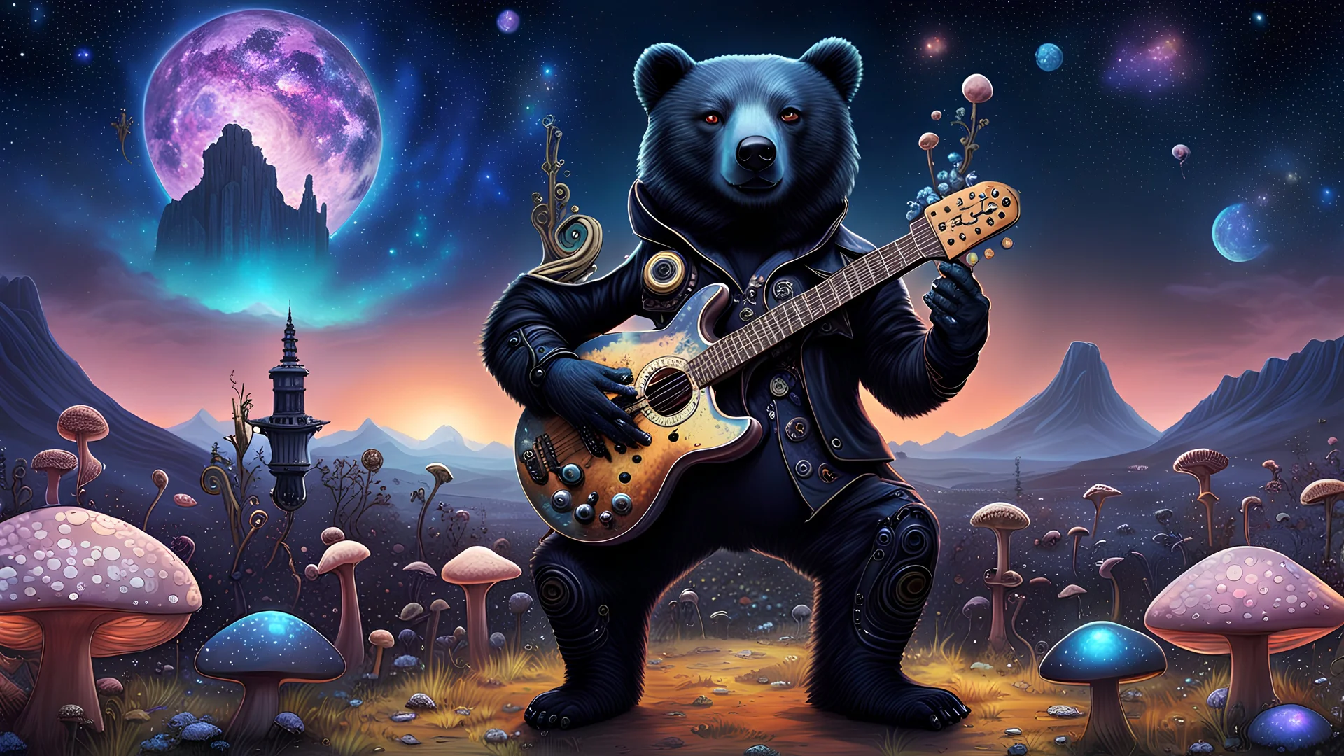 A gritty, full-body shot of a (black opal:1.5) iridescent pearlescent (alien bear hybrid:1.5) with (black and peach steampunk clothes:1.5) playing a blooming prismatic steampunk fungal mushroom guitar, in a surreal landscape with alien flora and fungus, starry night sky, macabre, Dariusz Zawadzki art style, H.R. Giger style, liminal spaces, horror art, dark gaming background, wet, glossy, horror art, trypophobia, eerie, intricate details, HDR, beautifully shot, hyperrealistic, sharp focus backli