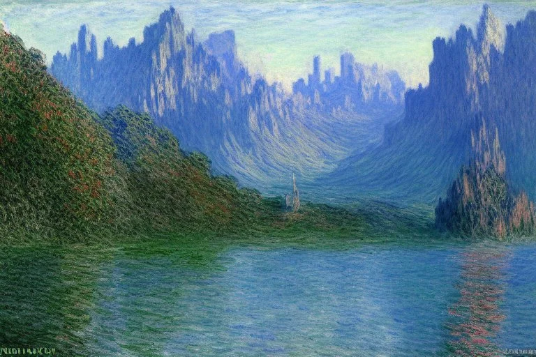 Mountains, Cyberpunk buildings, lake, science fiction, concept art, realistic vision, claude monet impressionism painting