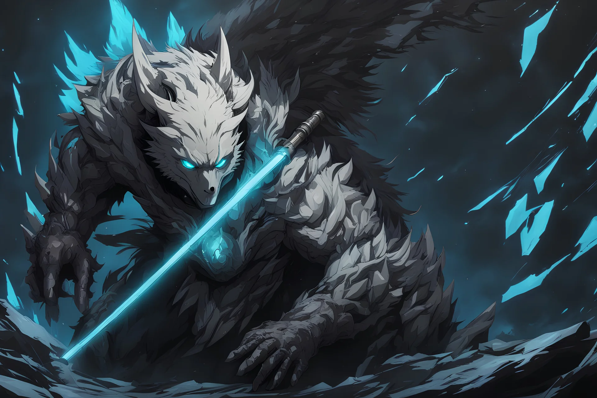 grendel in 8k solo leveling shadow artstyle, ice bear them, neon effect, full body, apocalypse, intricate details, highly detailed, high details, detailed portrait, masterpiece,ultra detailed, ultra quality