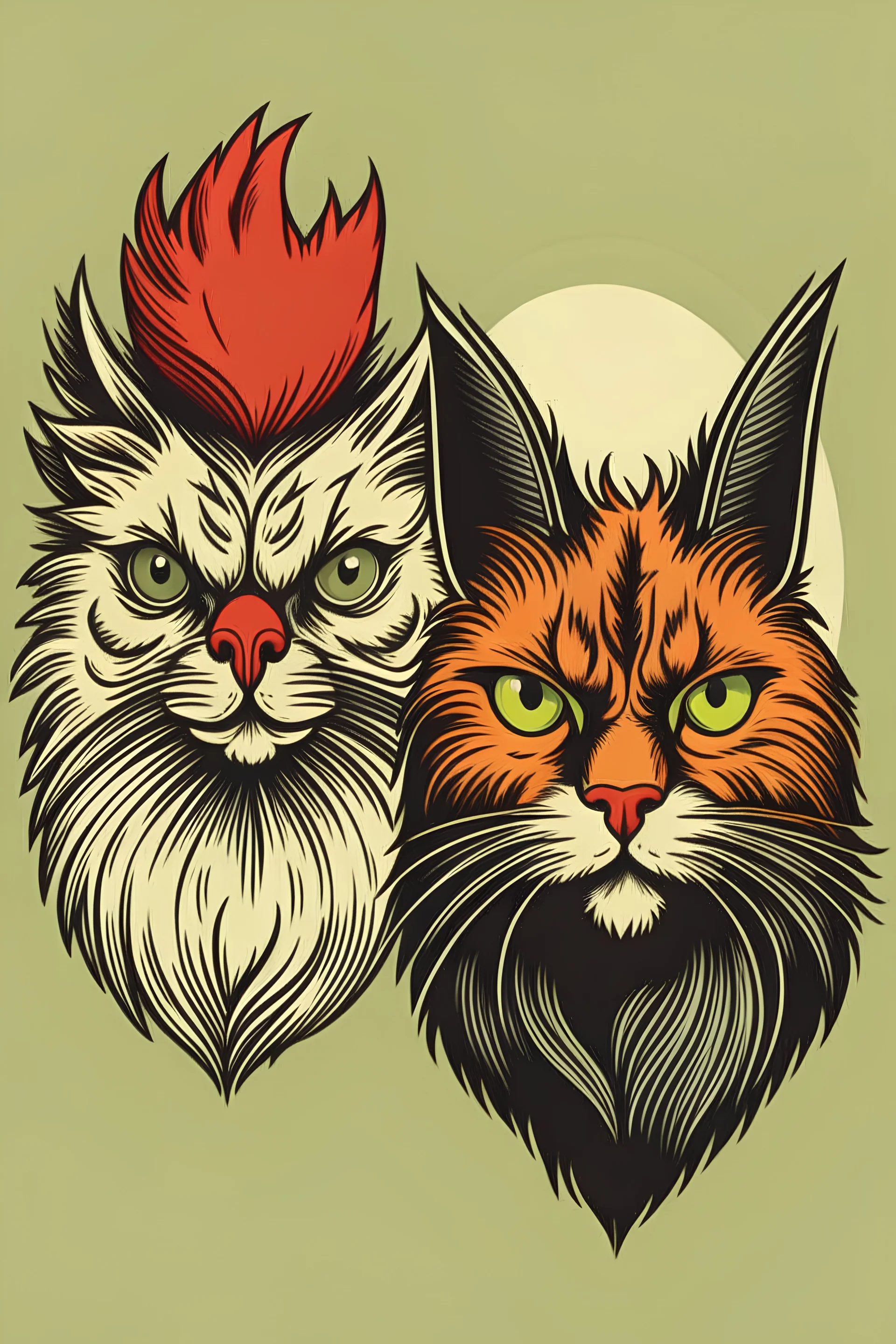 Image of a cat head and rooster face