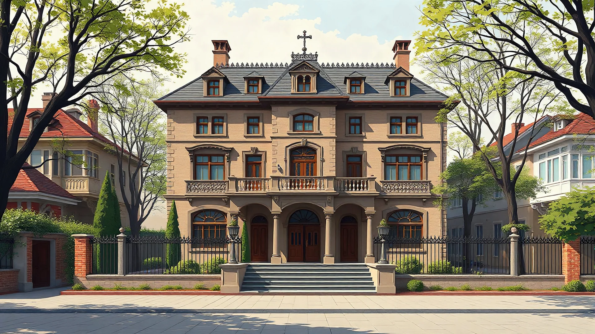 1900 AD. A large mansion with iron protection in a secluded neighborhood.. Istanbul with houses. Flat Color, model Turnaround. Open Arms. Real. Turnaround. Front, Side, Back, 3-4 View. digital painting, flat color, Vector, illustration, Model Sheet