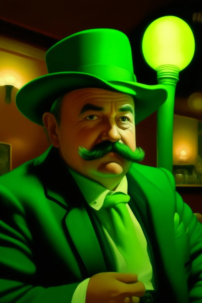 Fat greenlantern burguese mustache at the casino oil canvas.